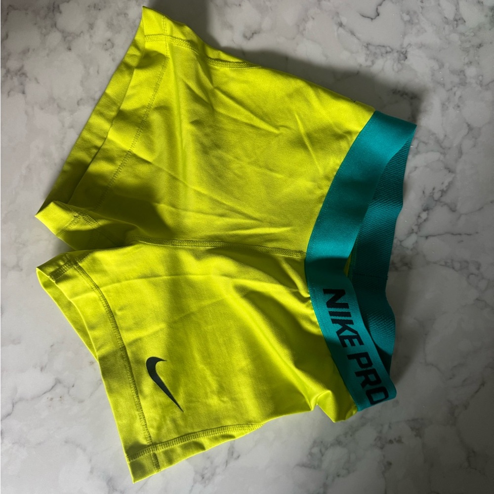 Nike Pro Bright Yellow Shorts with Teal Waistband